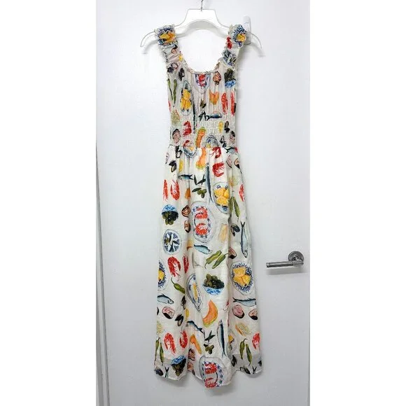 Lisa Says Gah Annie Food Print Maxi Dress Tapas Ivory Lemon Olive Fruit S - Picture 2 of 13